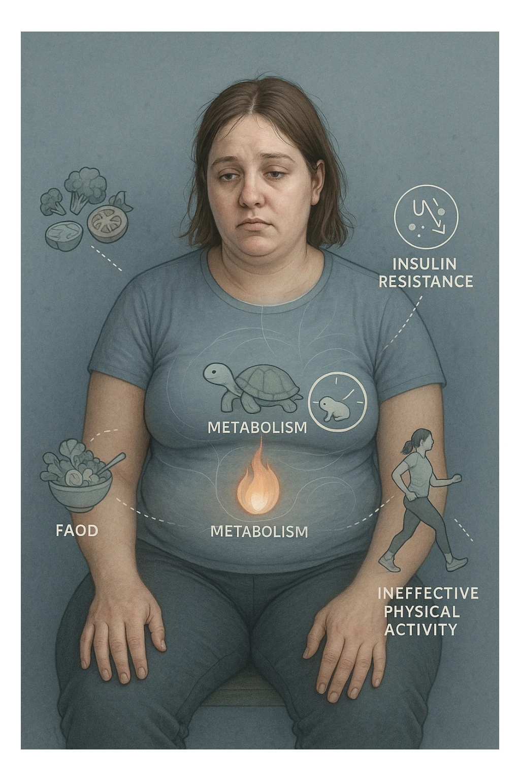 Donna tra i 25 e i 35 anni con fisico leggermente gonfio e postura affaticata, seduta con sguardo stanco. In trasparenza sul suo corpo, si vedono elementi simbolici: una fiamma metabolica molto piccola nel centro dell’addome, una tartaruga accanto a un simbolo di orologio rallentato, indicatori visivi di insulino-resistenza e squilibri ormonali. Intorno a lei: cibo sano non digerito bene, attività fisica poco efficace. Colori spenti attorno al corpo, con toni freddi e lentezza visiva. Stile realistico con elementi infografici e simbolici integrati sticker