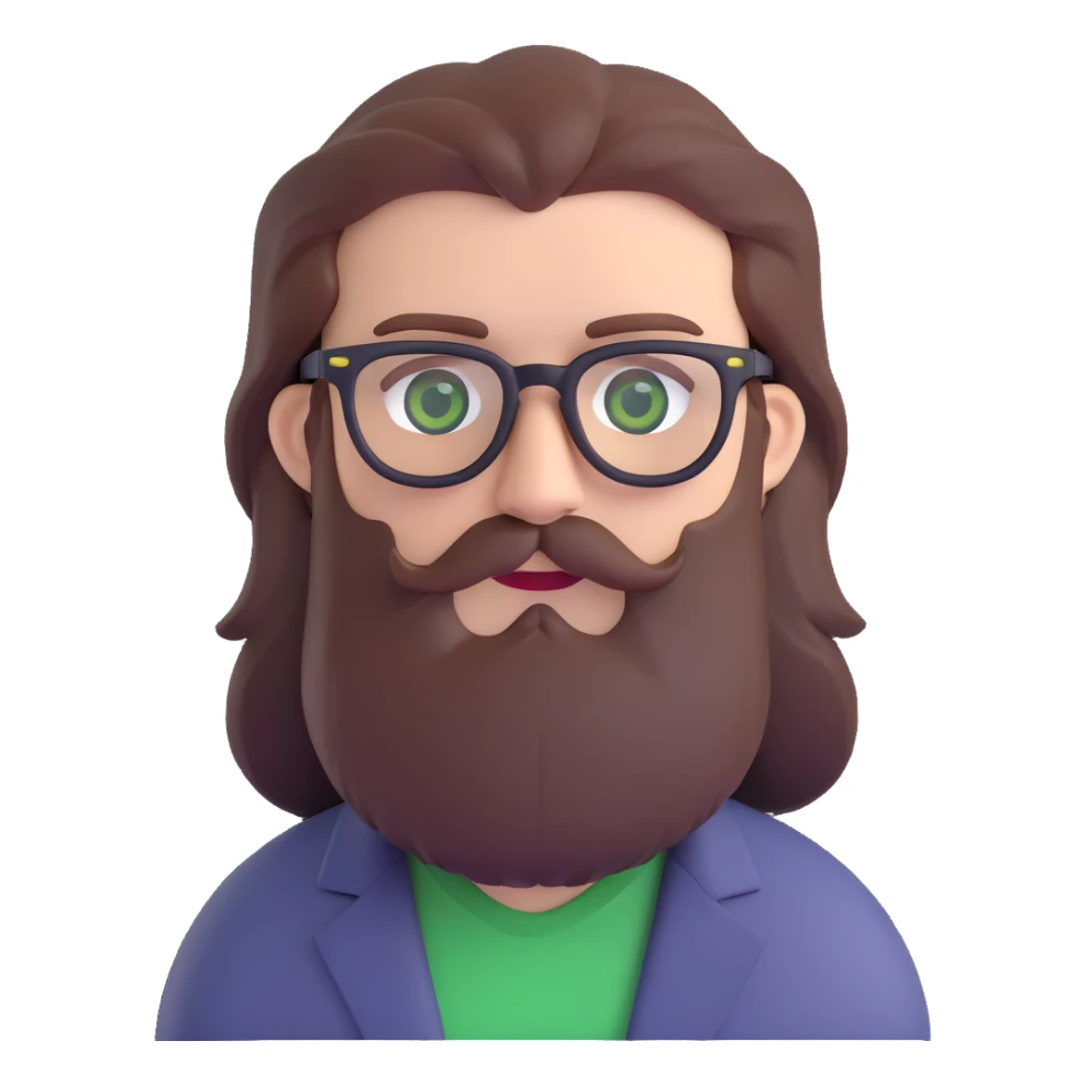 white male mid 30s green eyes black square glasses long brown beard with medium brown hair sticker