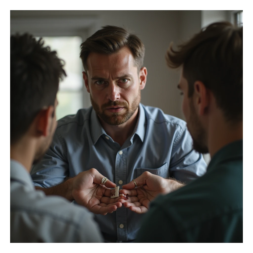 Man showing a small bandage or minor wound to several people, dramatic expression, seeking others' reactions, work or home environment, hyperrealistic 4K details sticker