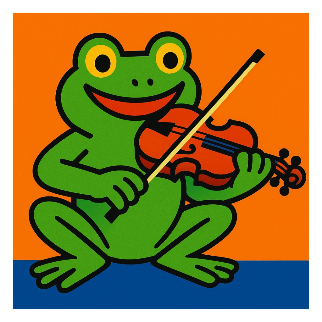 frog playing the violin, vibrant cartoon style sticker