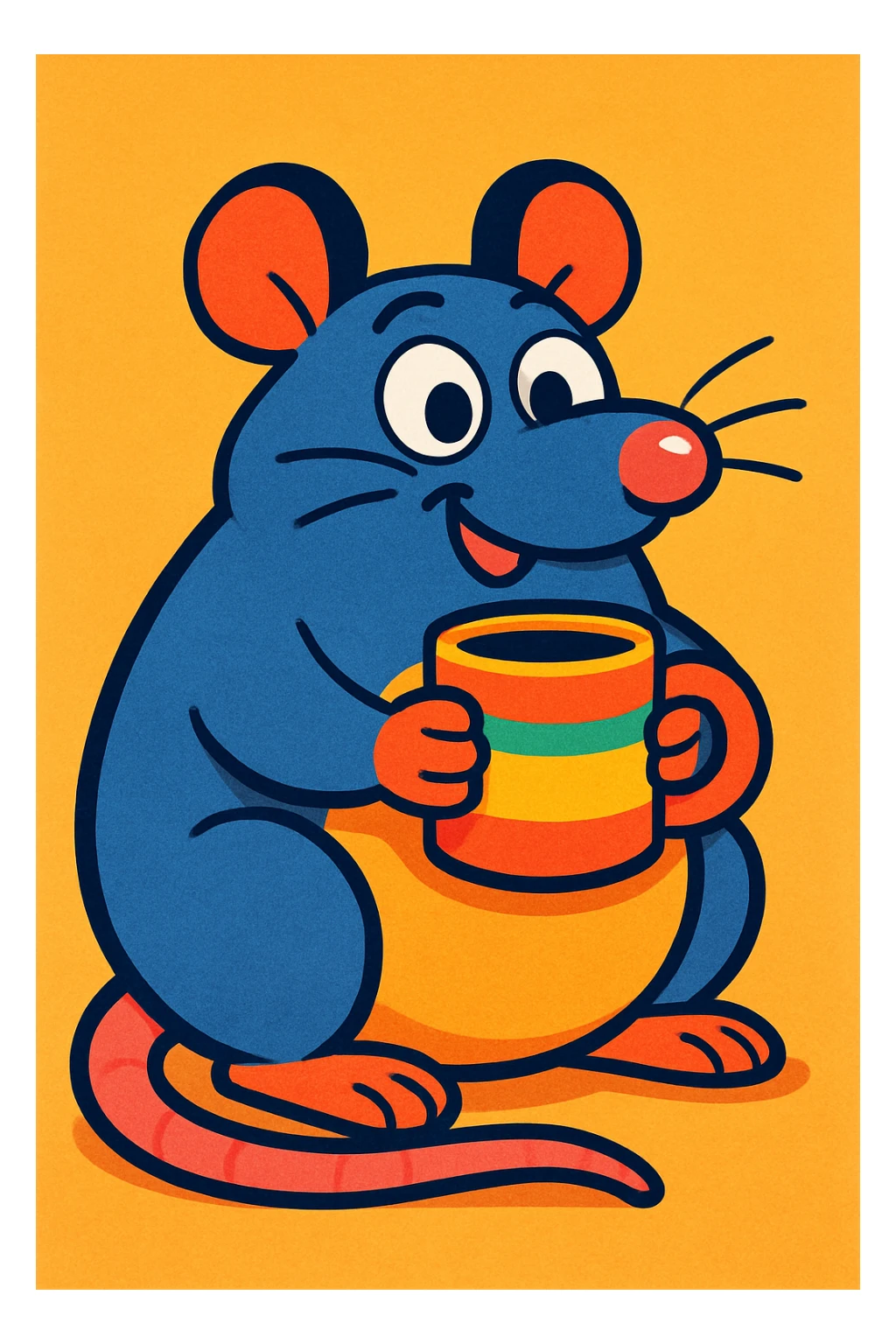 a chubby rat holding a mug, fun illustration style, colorful, playful sticker