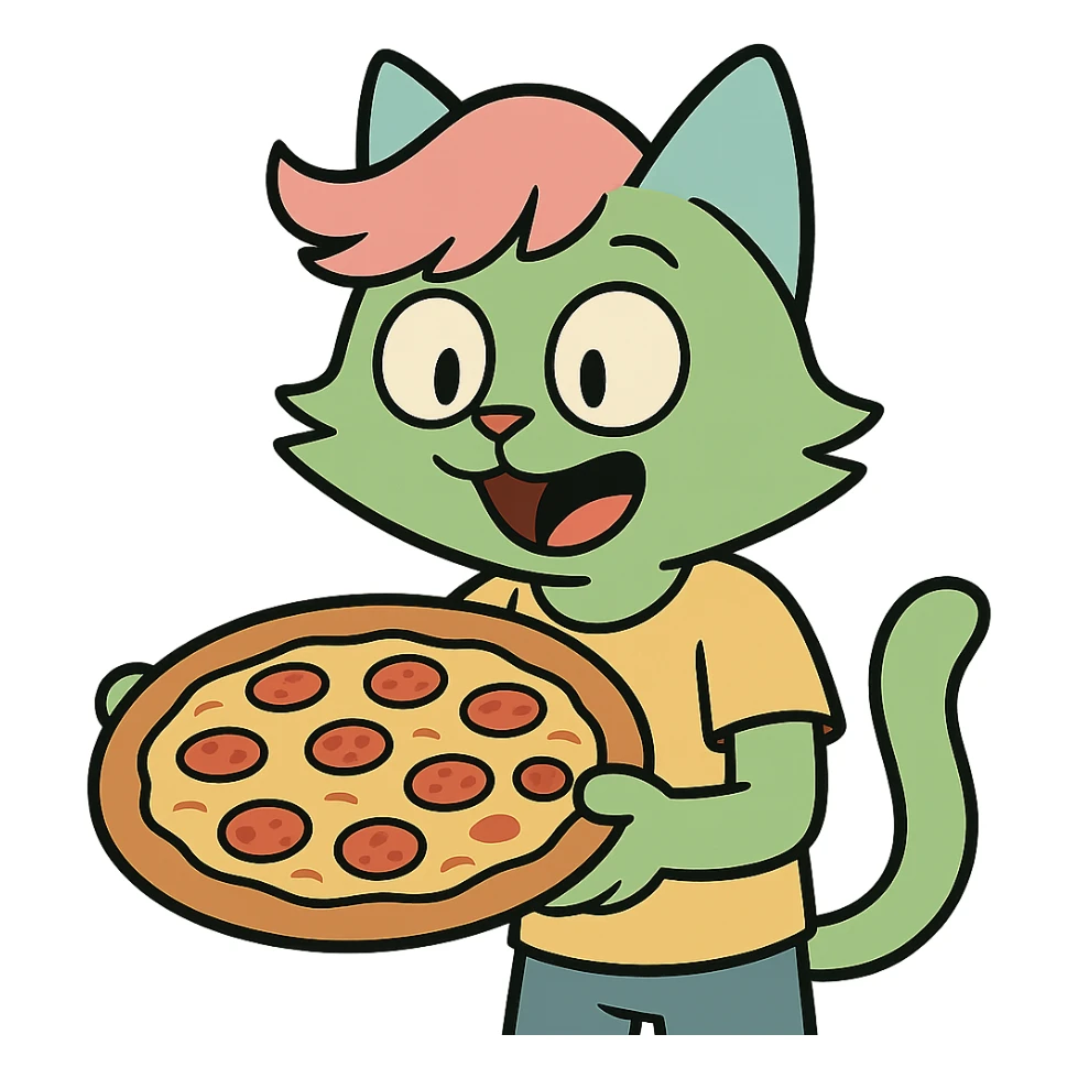 green cat with pink hair and blue ears holding a pizza sticker