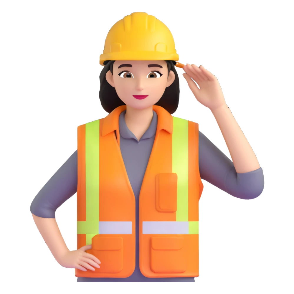 woman construction worker with yellow hard hat and safety vest sticker