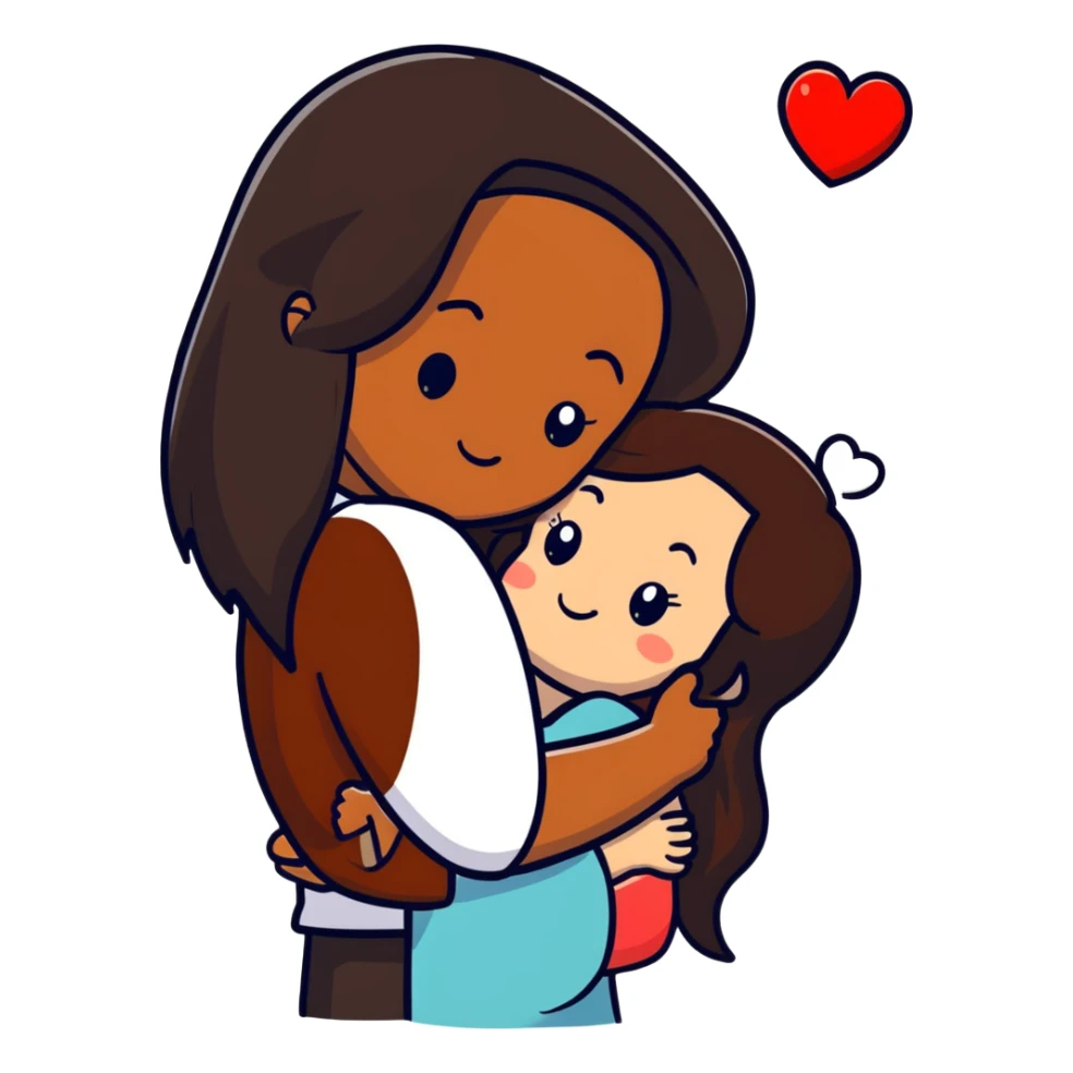 A couple embracing, man with mestizo brown skin and slightly long straight dark brown hair, woman with fair skin and long dark brown hair, with white hearts around them sticker