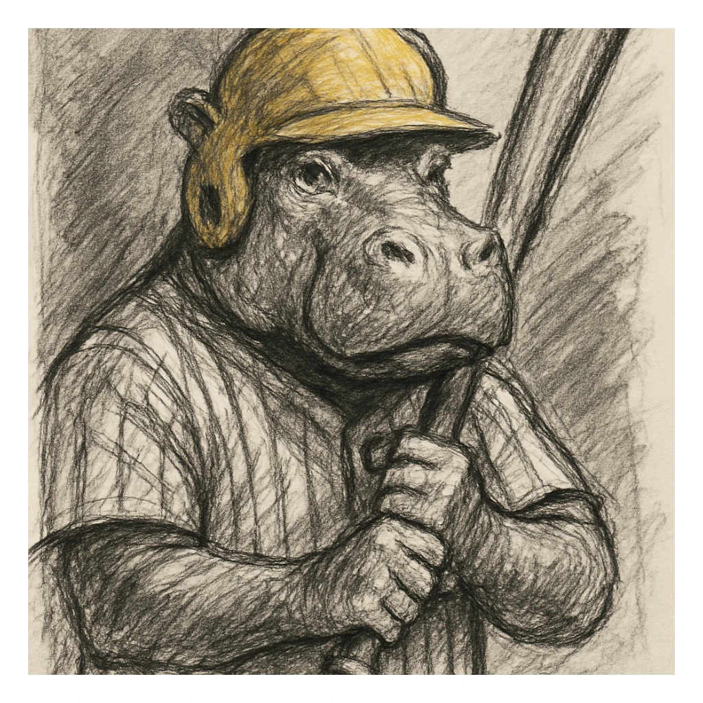 hippo holding a baseball bat, wearing a yellow helmet, pinstripes outfit sticker