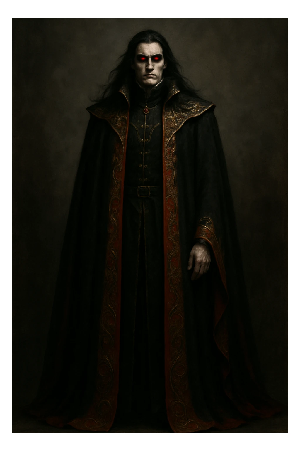 tall, imposing figure with long, flowing black hair, glowing red eyes, and a floor-length black and red cloak with ornate gold embroidery. He stands with a cold, stoic expression, exuding nobility and menace. sticker