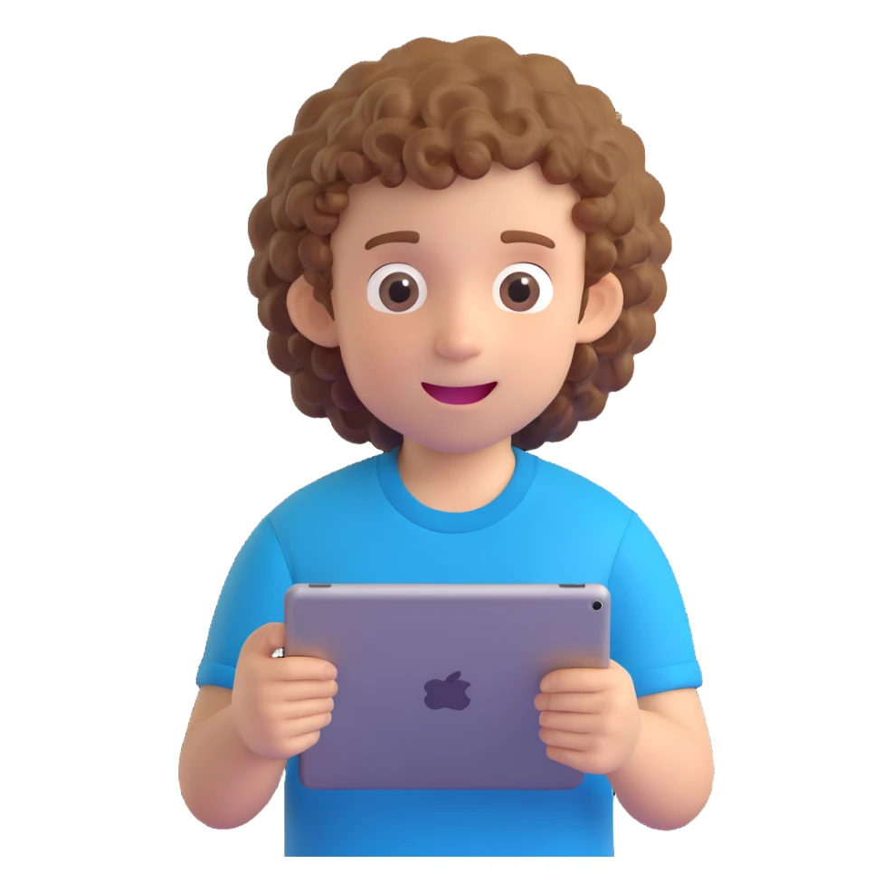 kid holding an iPad, boy with curly hair, blue t-shirt, excited expression sticker