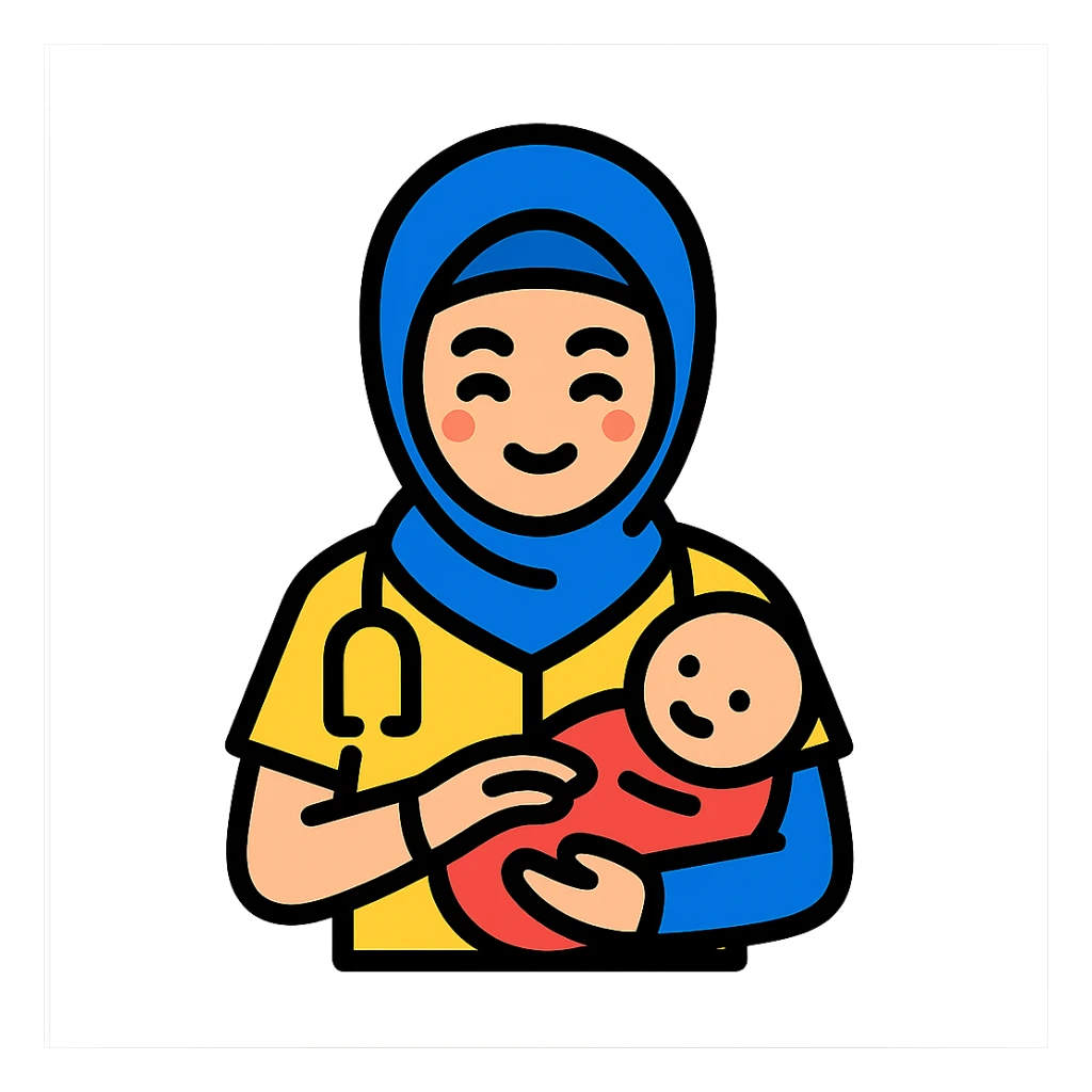 Add a baby in her arms, keep her comforting a patient, warm and professional, keep the background. sticker