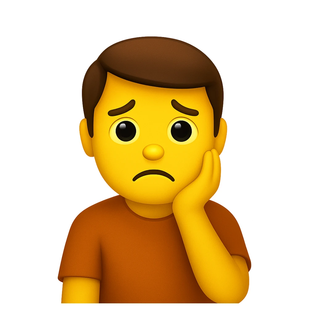 Create a sad person emoji in apple emoji style, looking disappointed because they don't have a website for their business. Match the pose, colors, and expression of the first person emoji in the reference image. No text or discount badge. The style should resemble apple emojis. sticker