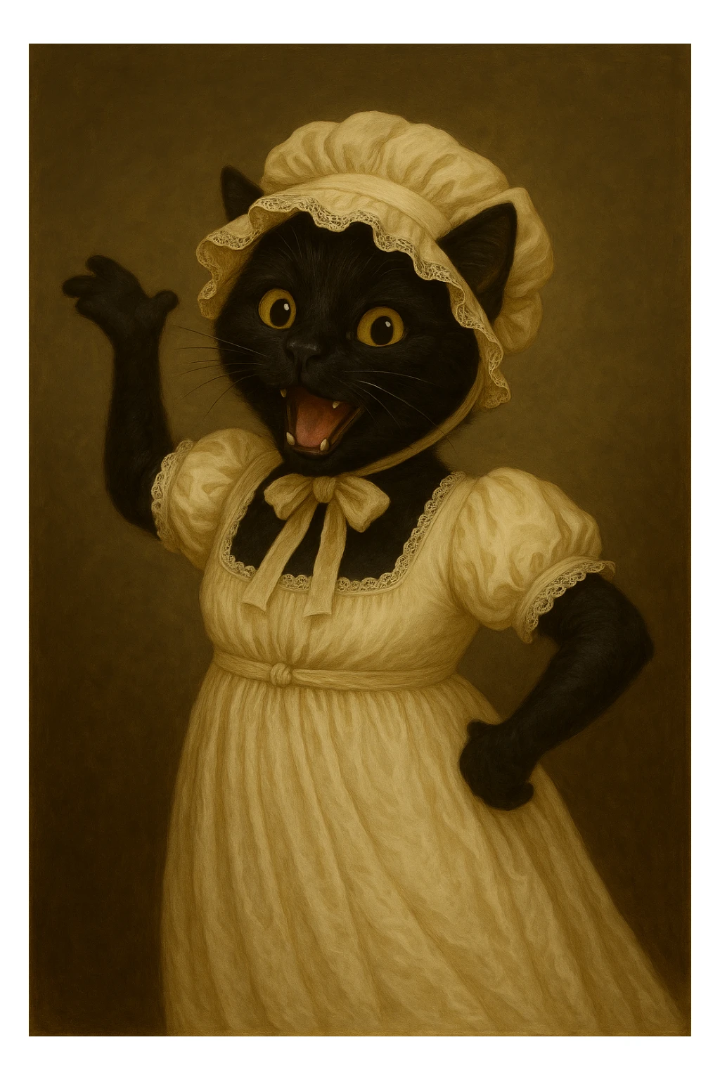 Make the black cat more playful with an animated posture and fun expression, still in period-accurate Pride and Prejudice clothing. Focus on fun and animation while keeping the historical attire intact. sticker