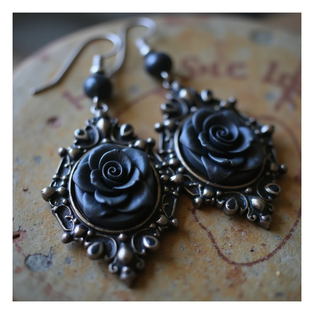 realistic goth earrings, black rose cameo, ornate frame, victorian gothic sticker