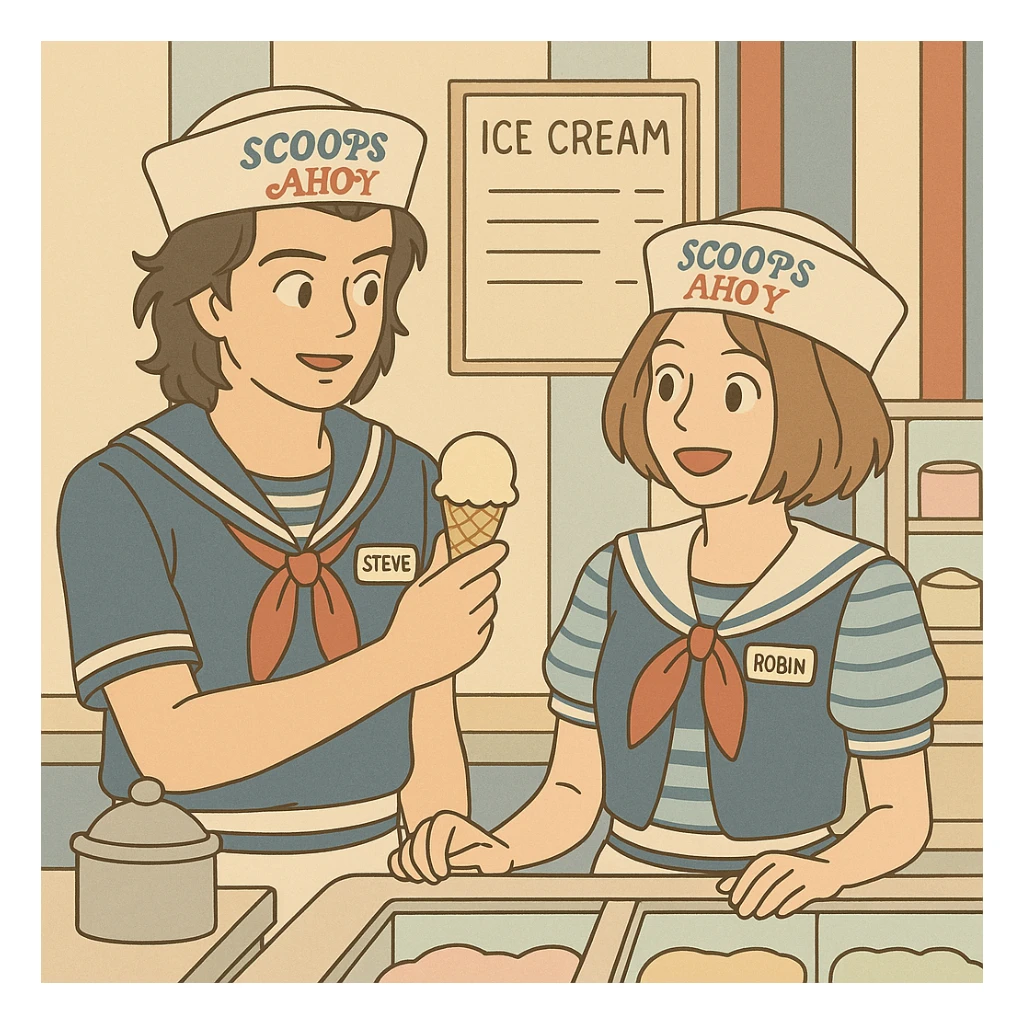 Iconic Stranger Things scene: Steve and Robin working together at the Scoops Ahoy ice cream shop, wearing uniforms, in simple line style with light pastel tones and thick outlines, Ghibli style, square 1:1 format. sticker