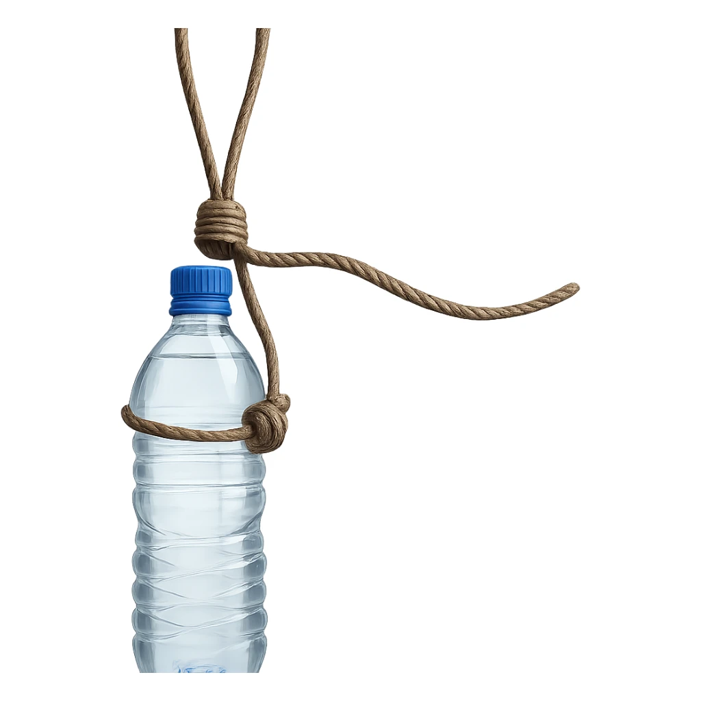 Show a longer rope with a loop, replacing the cheese with a transparent and detailed water bottle. The style should be realistic with natural details and no background. sticker