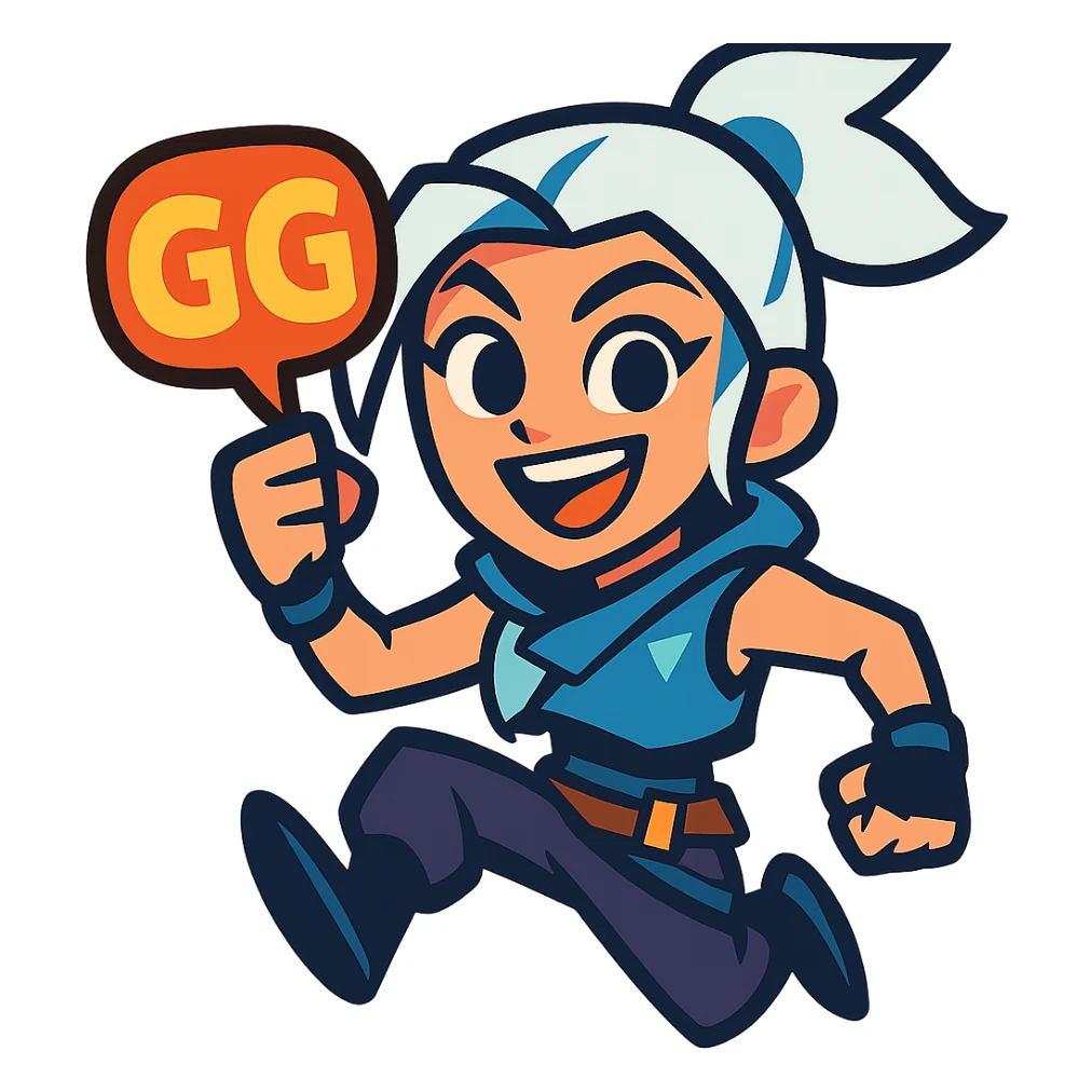 Jett from Valorant holding a 'GG' text bubble, dynamic pose, energetic expression, vibrant colors sticker