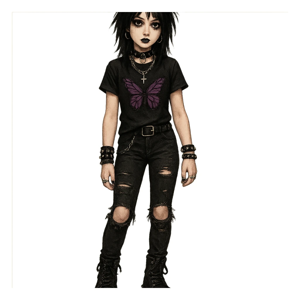 emo girl with ripped jeans, chunky boots, butterfly motif, gothic accessories sticker