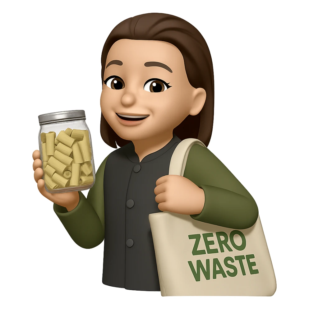 Edit the image to show her shopping in a zero waste store, holding a reusable bag and a glass jar. Keep the same style as the original image. Make the background transparent. sticker
