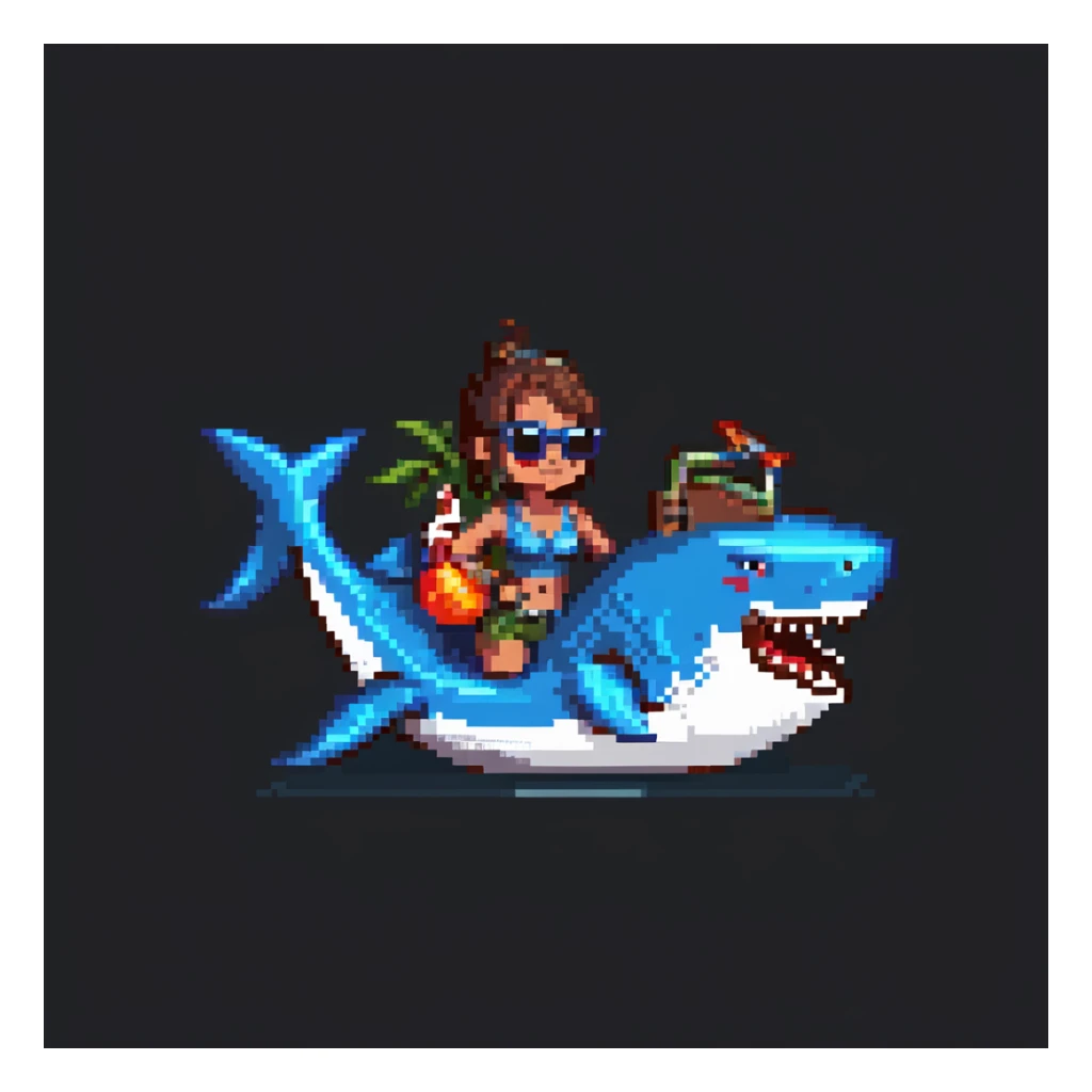 orc female with a shark-shaped inflatable floatie, wearing large sunglasses and a whistle on a cord, pixel art style sticker