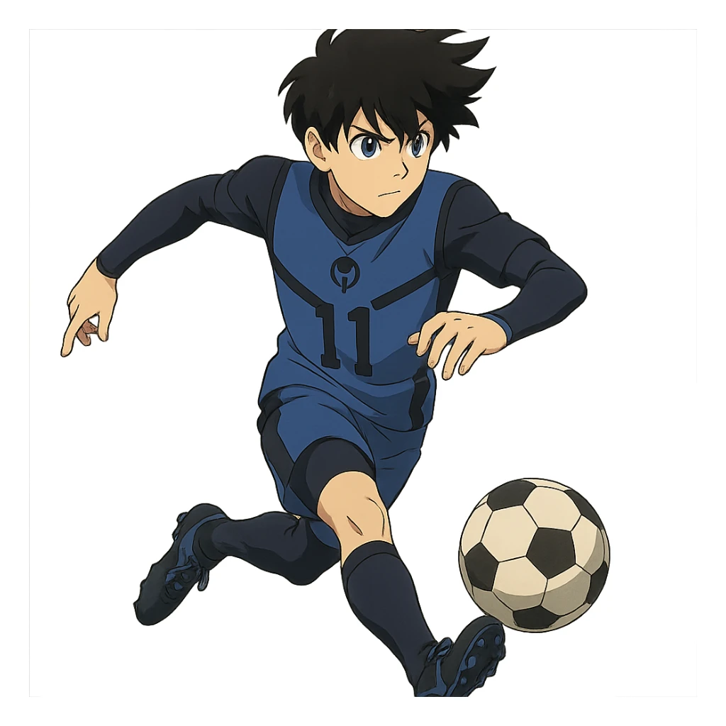 anime soccer player inspired by Blue Lock, dynamic pose, blue and black uniform sticker