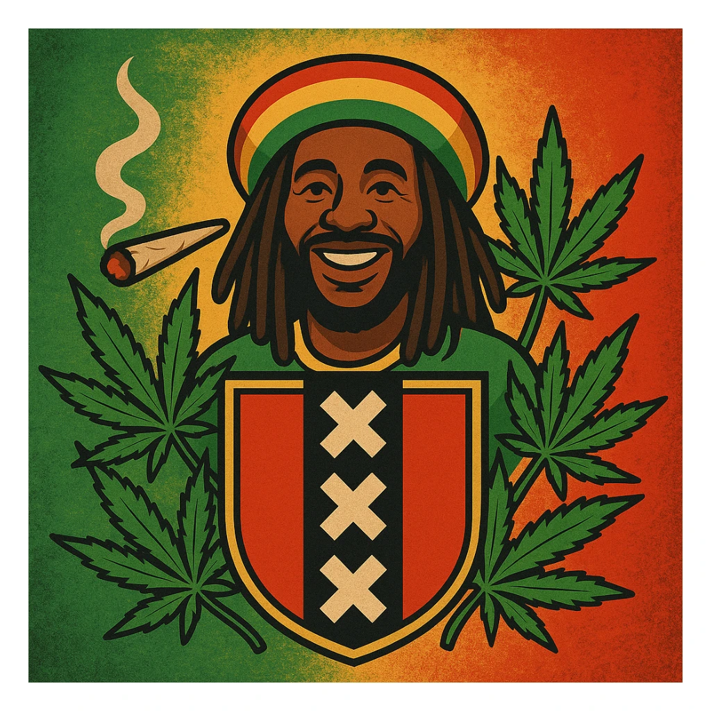 Create a digital illustration of a Rasta man with a friendly expression, wearing a red, gold, and green tam (Rastafarian hat), with dark brown skin and dreadlocks. Place him inside a bold, stylized Amsterdam coat of arms flag. The flag should have red, black, and gold tones with three white Xs in a vertical black stripe in the center. Surround the coat of arms with vibrant green cannabis leaves, a smoking spliff with rising smoke on the left side, and a textured reggae-colored background blending green, gold, and red. The style should be vintage, bold, and clean — like a high-quality reggae poster with modern emoji art flair. sticker
