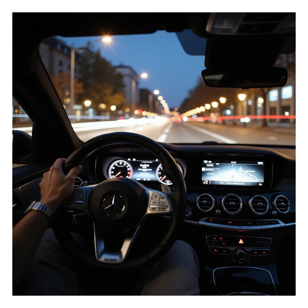 Mercedes E63 2024, realistic first-person view from behind the steering wheel, left hand on wheel, night driving in Bucharest, city lights, motion blur, city traffic ahead, photorealistic sticker