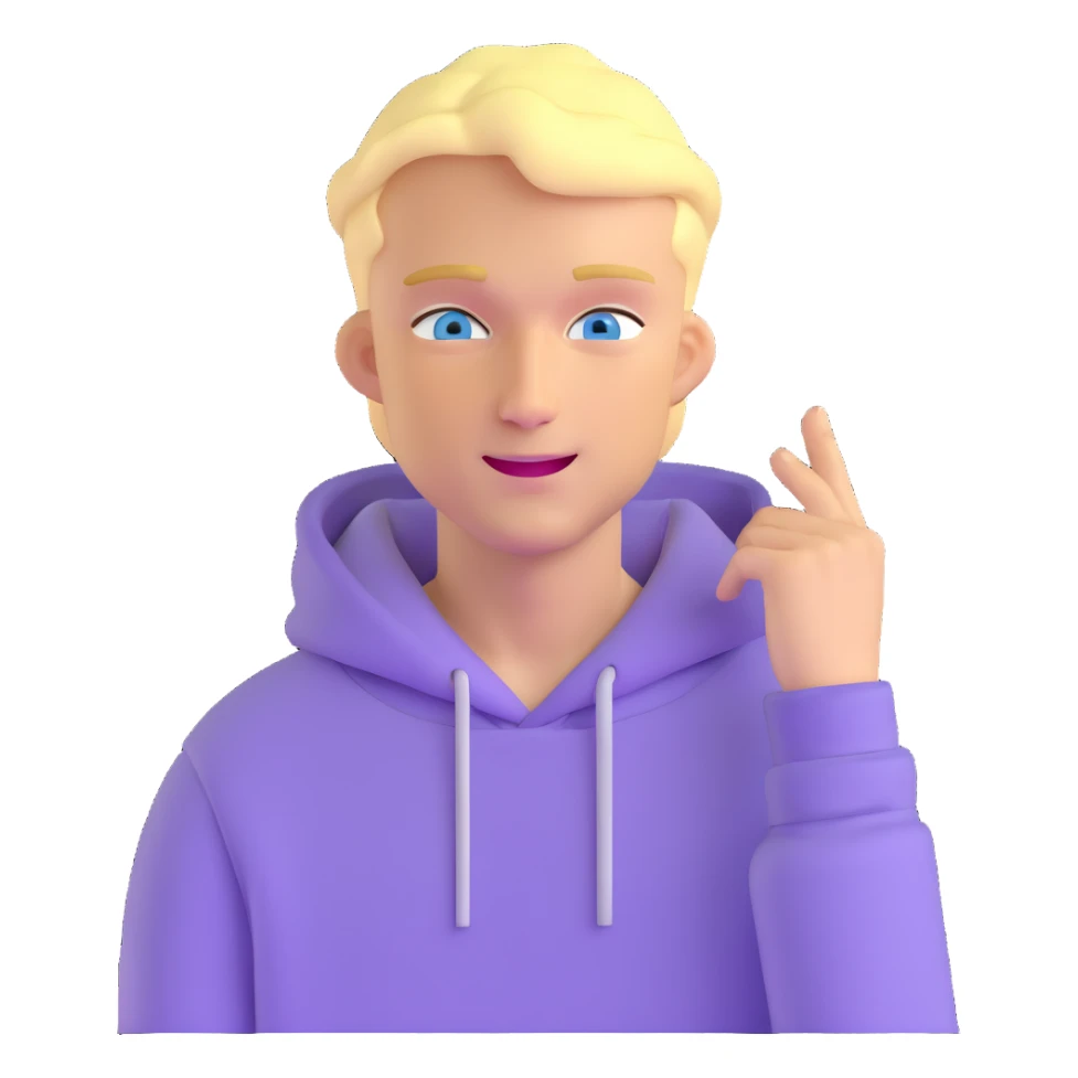 blonde man with blue eyes, lilac hoodie, winking sticker