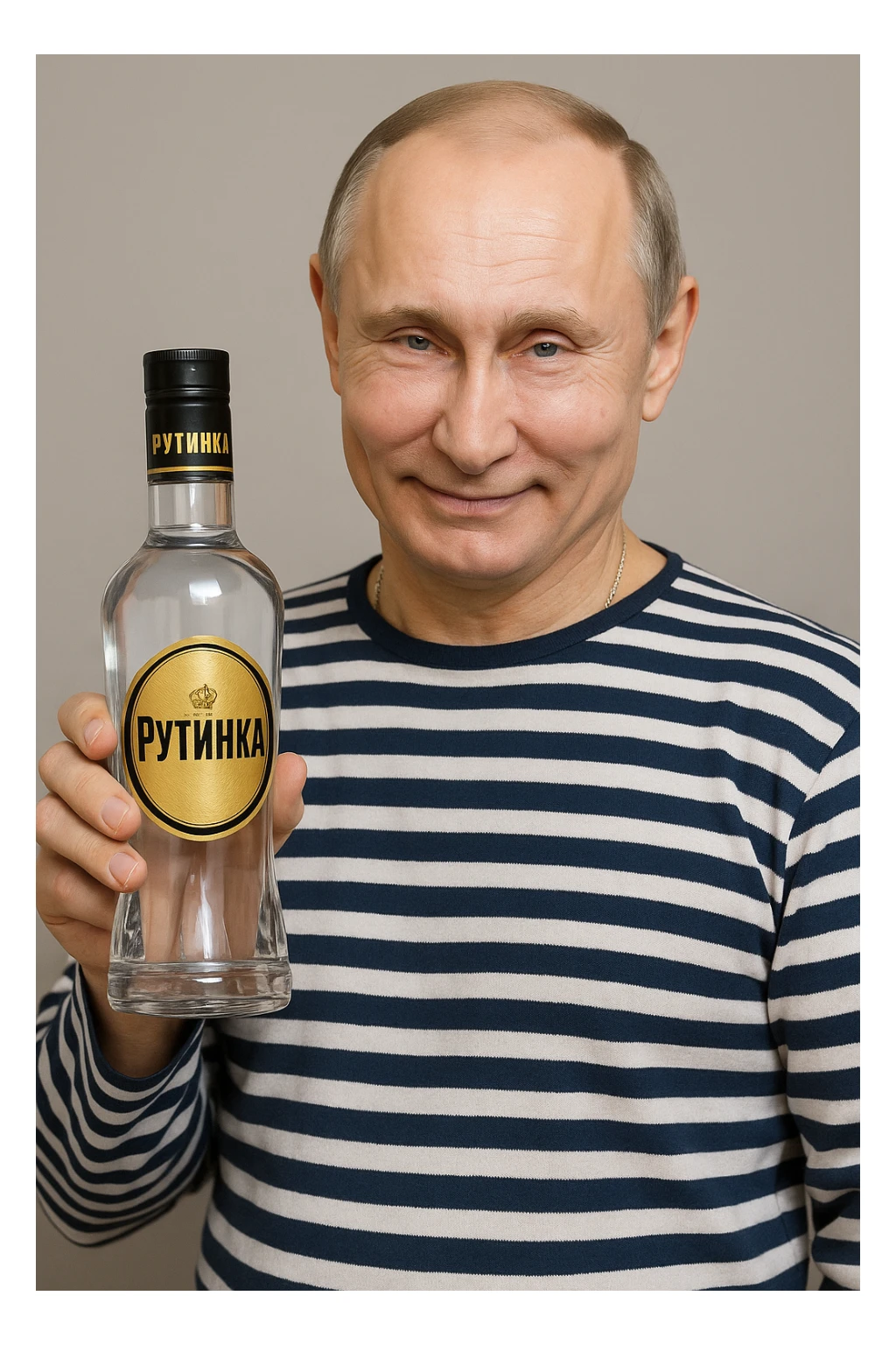 Сгенерируй мне как владимир путин в тельняжке держит эту водку, и на ней прям написанно только Путинка, другой текст убери. Он не должен касаться краев изображения и полностью помещаться в экран, а так же хитро улыбаться sticker