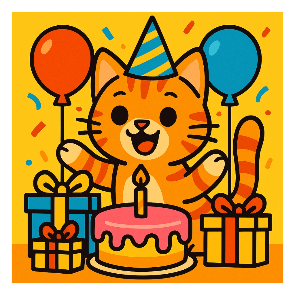a ginger tabby kitten celebrating its birthday, wearing a birthday hat, surrounded by a birthday cake, balloons, gifts, and looking happy sticker