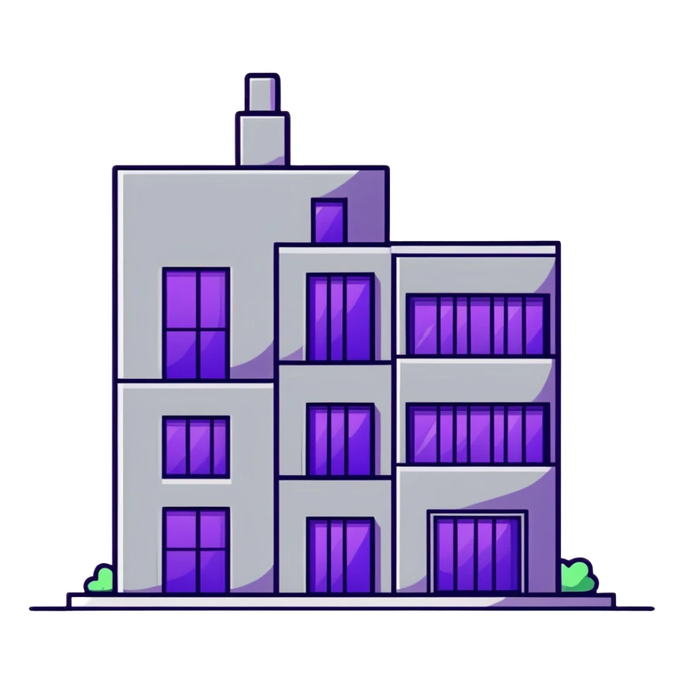 Minimalist gray concrete panel building, slight ghetto vibe, one window with bright purple ultraviolet light for growing plants, simple rectangular shape, stark and bare sticker