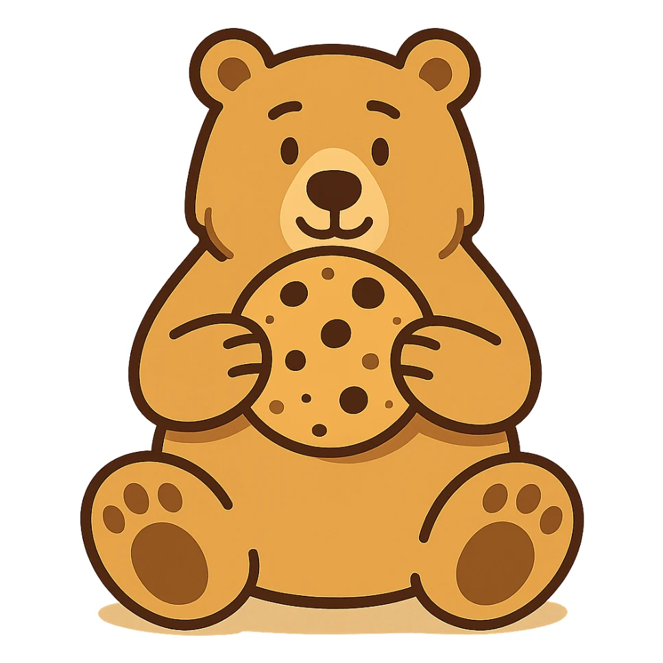 flat toon style blonde grizzly bear sitting, full body, holding a large chocolate chip cookie sticker