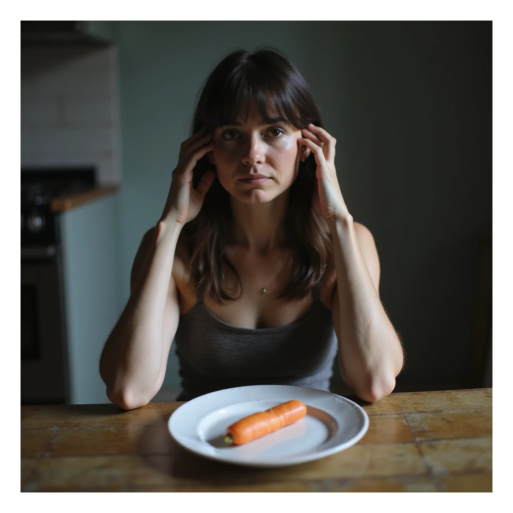 realistic style adult thin woman sitting at kitchen table with an almost empty plate with only a carrot, tired expression, simple kitchen environment, cold lighting, sad atmosphere sticker