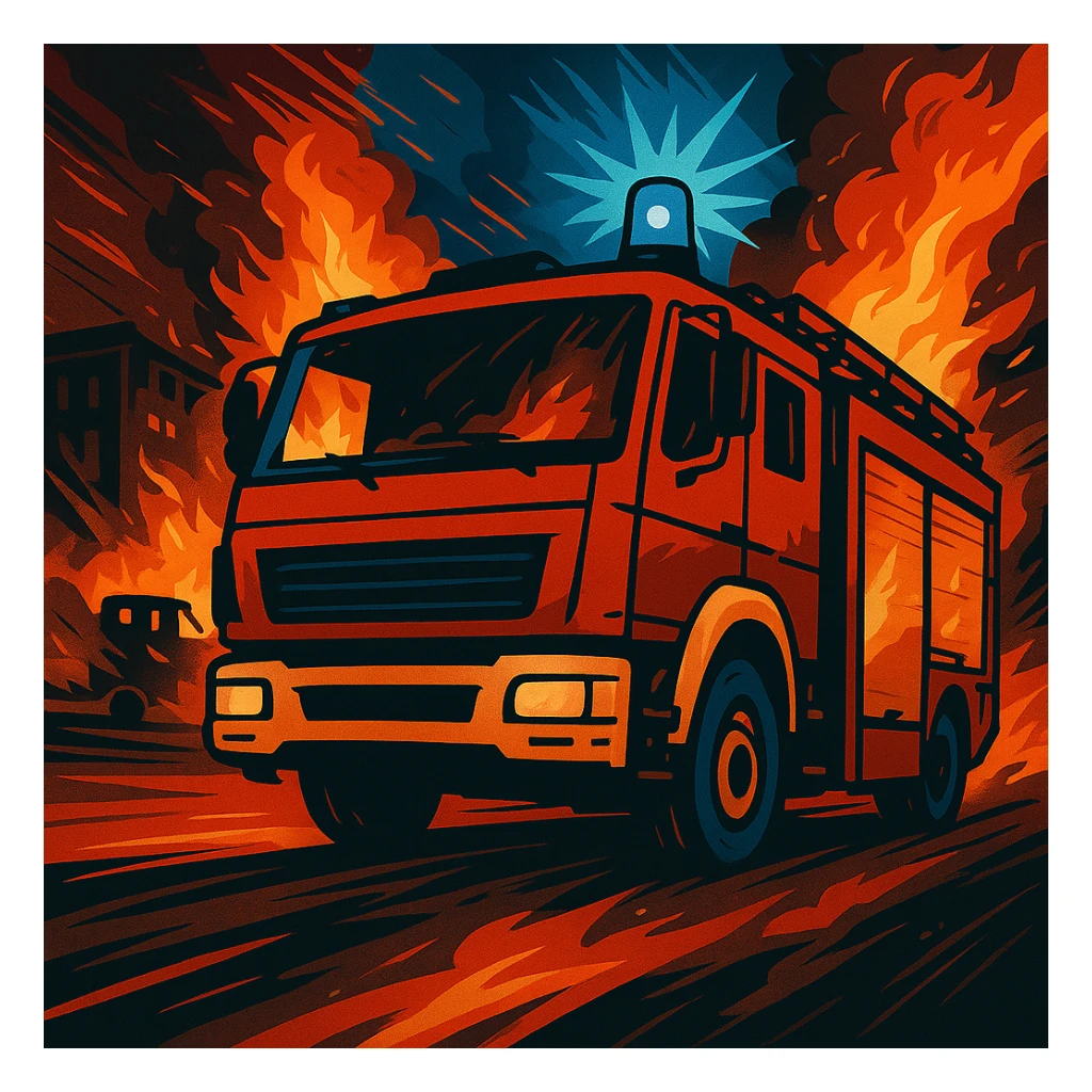 Edit the image of a fire truck with blue lights at an emergency site in the same modern, stylized illustration style as the original. Include a background showing the emergency site, such as a burning building or accident scene, with a dynamic atmosphere. sticker