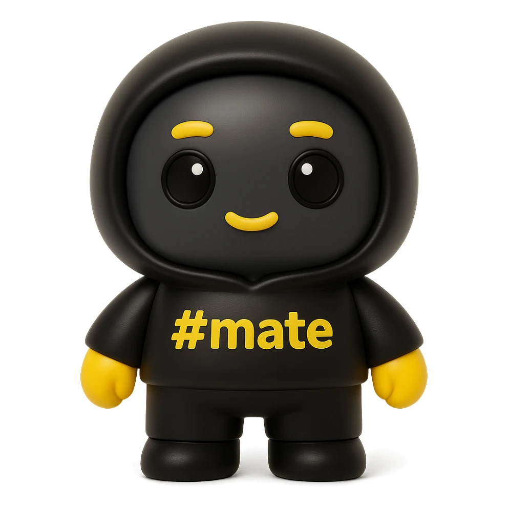 3D kawaii chibi character, vinyl toy look, matte finish, soft shadows. Big head, short arms and legs. Hoodie and body in matte black, face in dark gray. Yellow hands. Eyes with yellow outline, black pupil and highlight. Yellow eyebrows and mouth. '#mate' on hoodie, # in yellow. White background, no extra elements. sticker