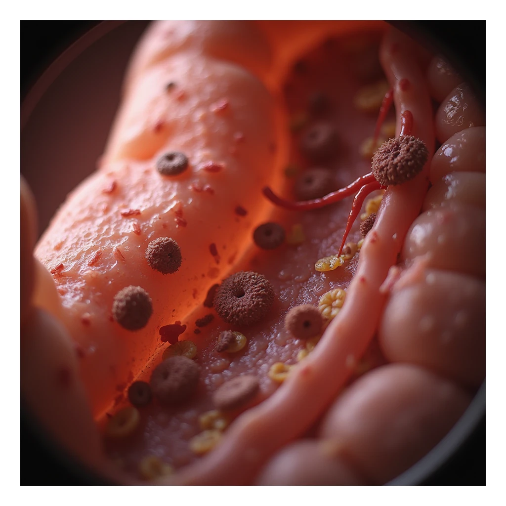 hyperrealistic 4K close-up of female intestine, various shapes and sizes of bacteria and microorganisms, inflamed walls, medical atmosphere, no parasites sticker