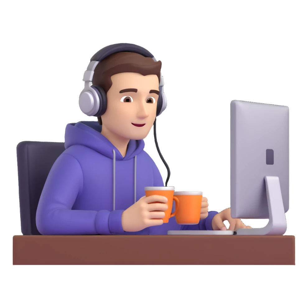 emoji ios 18, guy in headphones at computer, drinking coffee sticker