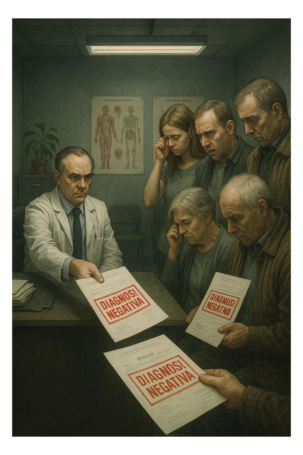 A realistic, cinematic illustration set in a dull, grey-toned medical office. A middle-aged male doctor in a white coat with a stern, cold expression is seated at his desk, handing out medical reports with large red ‘Negative Diagnosis’ stamps to each patient in line. The patients, of various ages and appearances, stand in a line, each looking increasingly sad, defeated, and demoralized as they receive their papers, with slumped shoulders and empty gazes. One young woman wipes away a tear, while a man stares at the paper in shock. The background shows medical posters, a faded plant, and harsh fluorescent lighting, emphasizing the cold, mechanical environment. The mood is heavy, illustrating how negative diagnoses delivered without empatia can deeply affect the mental health and morale of patients. The style is realistic, with subtle filmic grain, emphasizing emotional impact and the weight of medical words on people’s lives. in italiano sticker