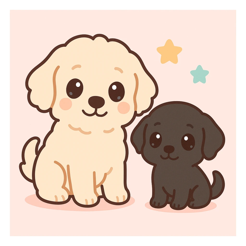 large light cream colored goldendoodle and a small black golden retriever, chibi style, cute, adorable, big eyes sticker