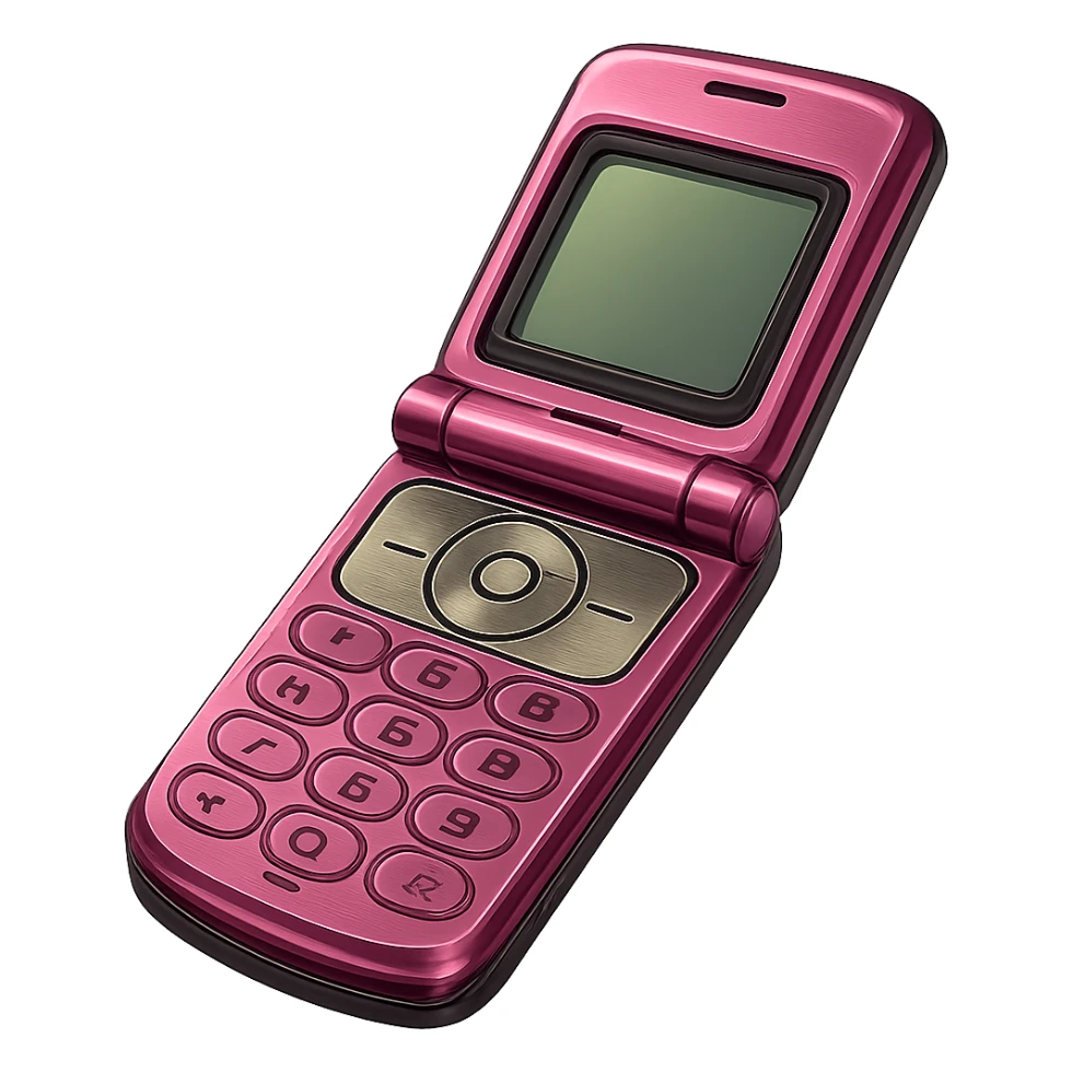 Make this vintage pink razor flip phone look more realistic in a photorealistic style, angled view, metallic pink, 2000s aesthetic, no background. sticker