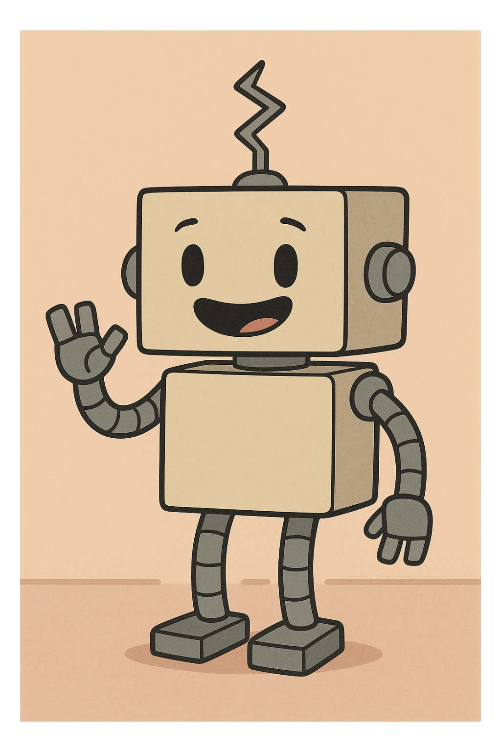 simple and friendly box-shaped robot with a zig zag antenna, minimal cartoon style sticker