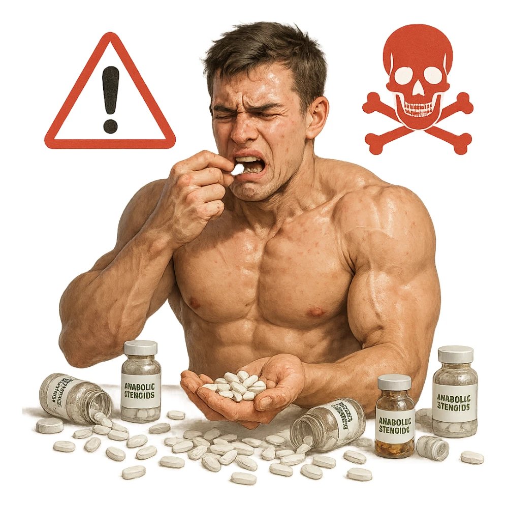 muscular young man inexperienced taking excessive anabolic pills, suffering expression, spilled vials, alarm and danger symbols, realistic details, isolated on white background sticker