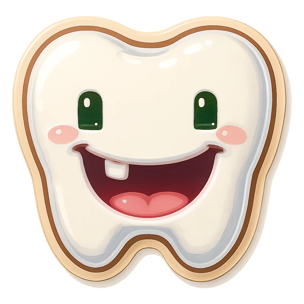 Edit the emoji to have a wide smile with two missing teeth, keeping the same retro stickers style and no background. sticker