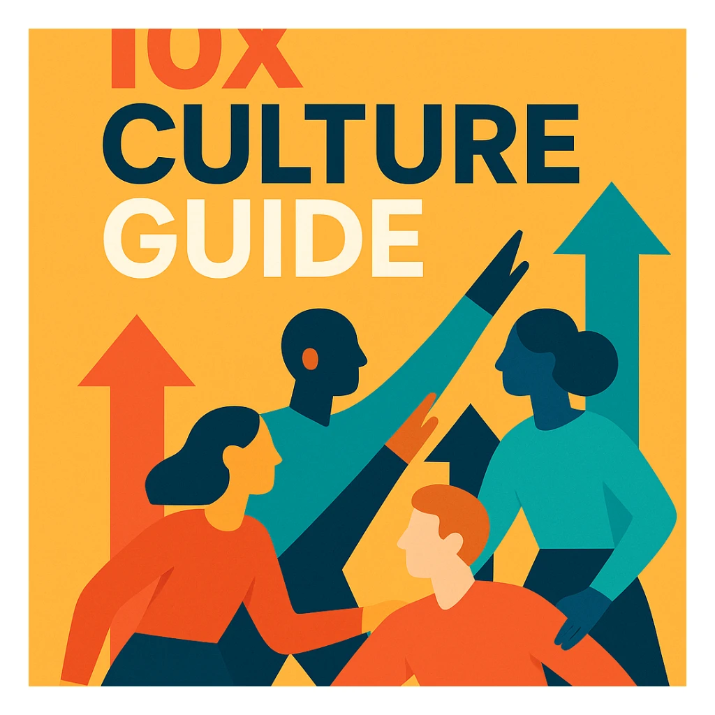 modern flat design cover for a '10x culture guide', abstract team, upward arrows, energetic colors sticker