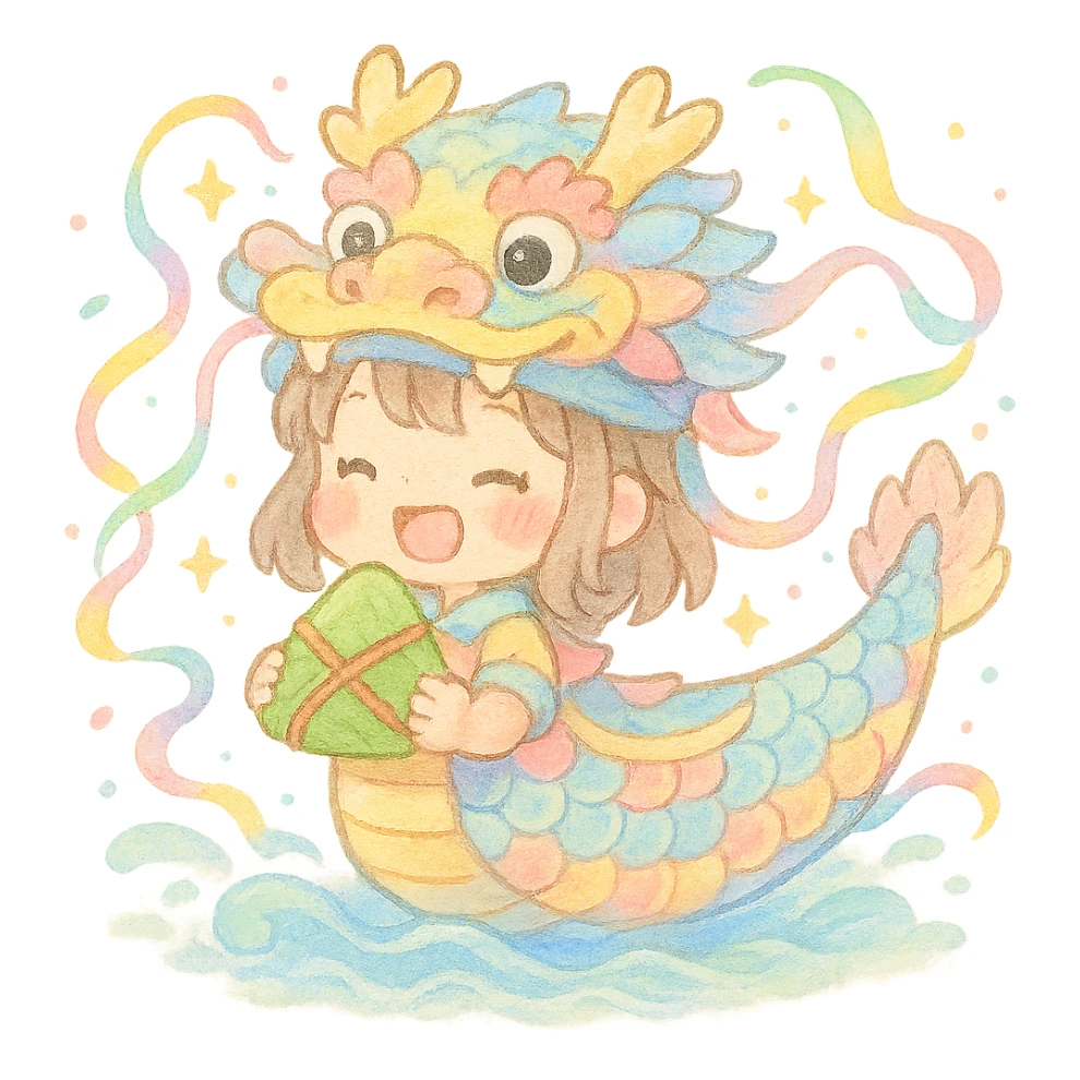cute chibi girl dressed as a pastel dragon boat, joyfully holding a rice dumpling, surrounded by colorful ribbons, sparkles, soft waves, festive Dragon Boat Festival, kawaii, watercolor, pastel, fluffy sticker