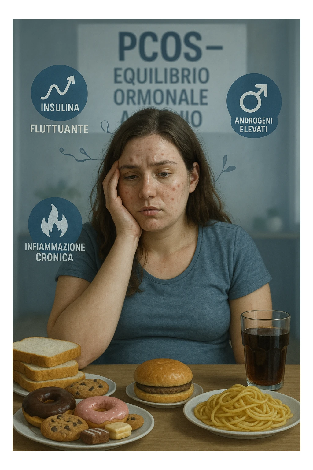 Donna tra i 25 e i 35 anni, seduta a tavola con un’espressione stanca e gonfia. Sul tavolo ci sono alimenti sbagliati per la sua condizione: dolci raffinati, pane bianco, pasta, bibite zuccherate. Intorno al suo corpo si vedono elementi simbolici che rappresentano gli effetti della PCOS peggiorata: insulina fluttuante, androgeni elevati, infiammazione bassa cronica. La sua pelle appare acneica, gonfiore addominale visibile, sguardo affaticato. Sullo sfondo, un cartello sfocato con scritto 'PCOS – equilibrio ormonale a rischio'. Stile realistico con elementi simbolici, toni freddi ma chiari sticker