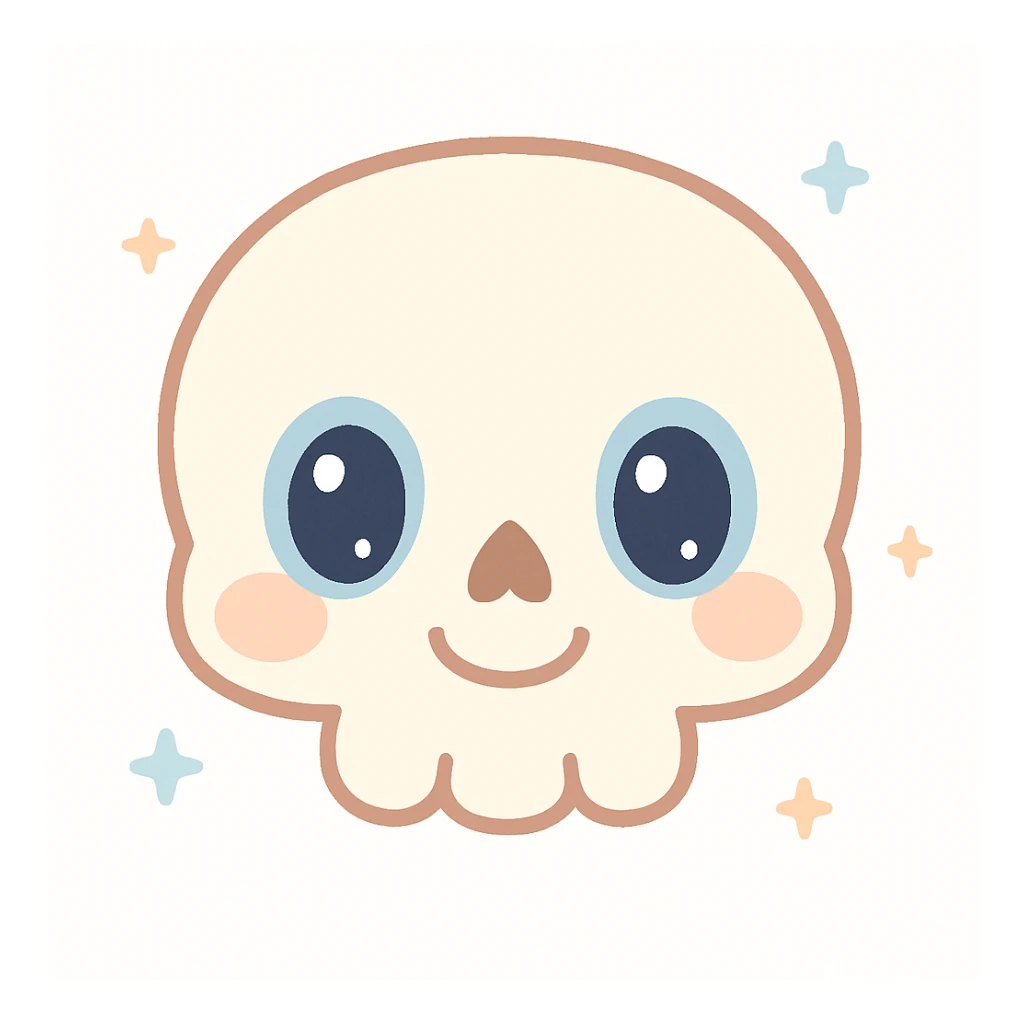 friendly skeleton head, front view, round shapes, gentle smile, not scary, kawaii style sticker