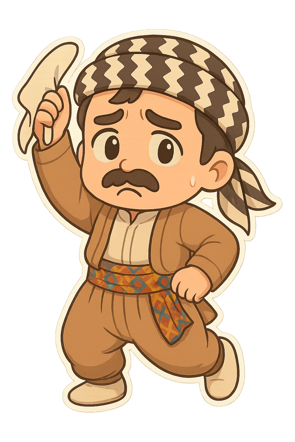 Create a chibi Kurdish cartoon sticker based on the reference image, showing a worried (concerned) expression, with a transparent background. sticker