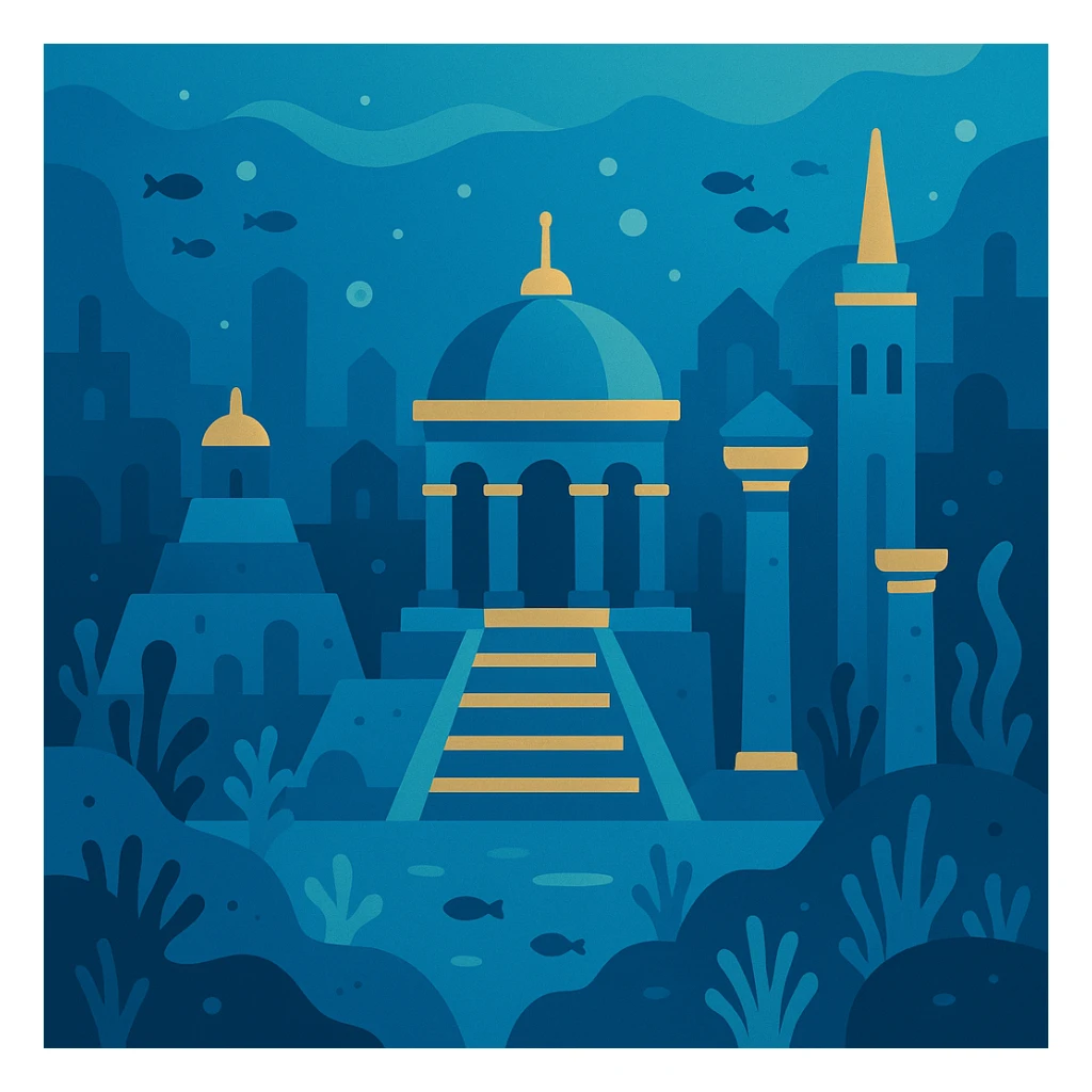 flat toon style Atlantis, simple shapes, blue and gold colors, underwater sticker