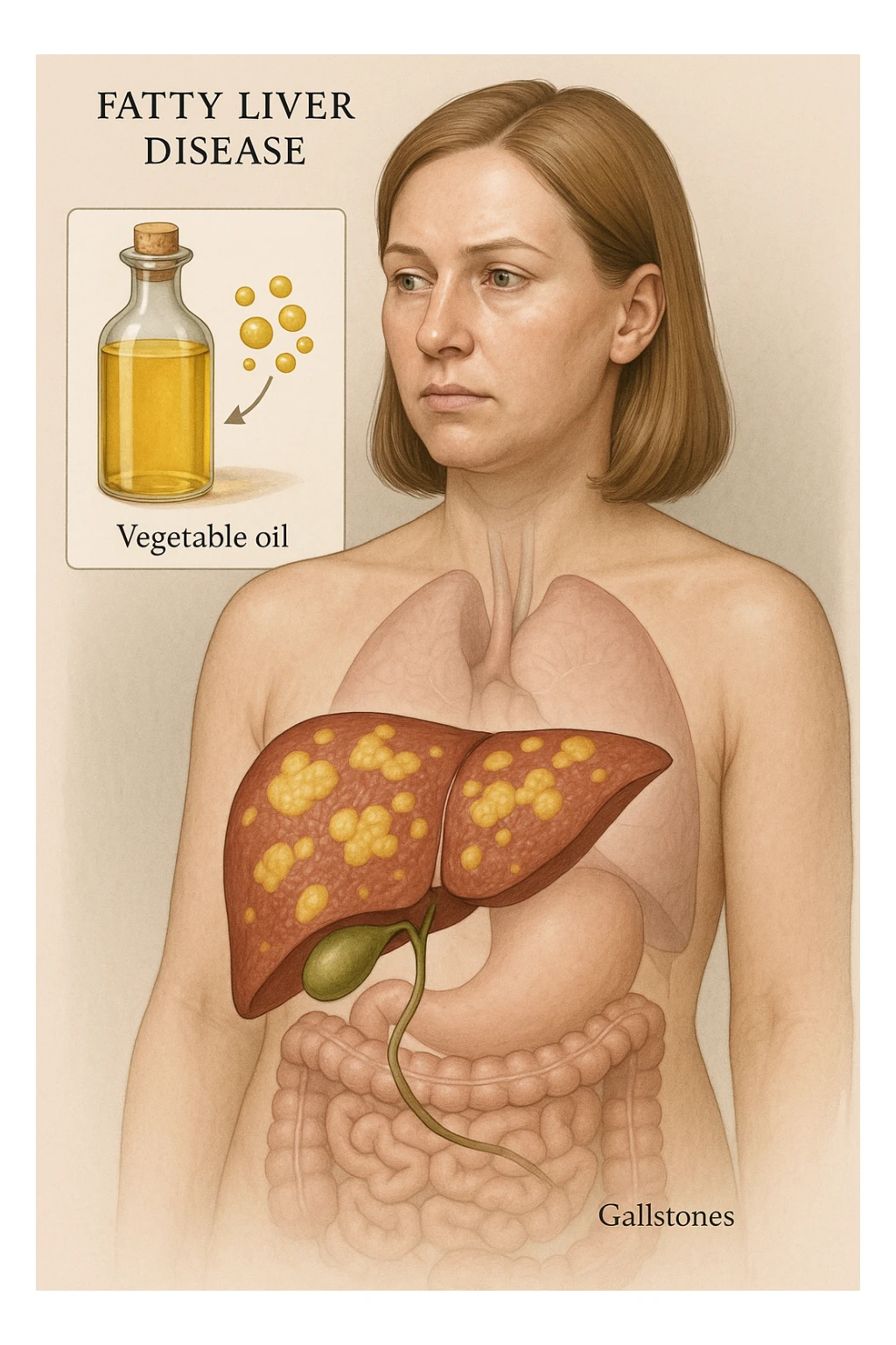 donna con fegato grasso immagine realistica e usa oli vegetali formando anche calcoli biliari sticker
