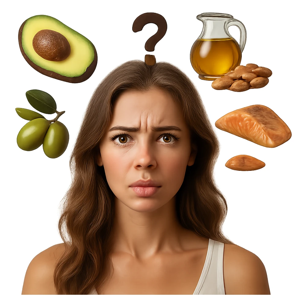 Create a 3D render style image of a realistic woman with a confused expression, surrounded by realistic icons of good fats (avocado, olive oil, nuts, salmon), with a question mark above her head. The image should have hyperrealistic details and natural lighting. Maintain the composition of variant 6 but completely remove the background. sticker
