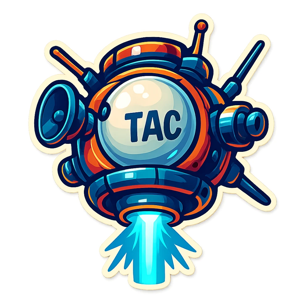 Tactical satellite in retro stickers style, with blue energy beam and extra antennas, bold outlines, and vibrant colors. sticker