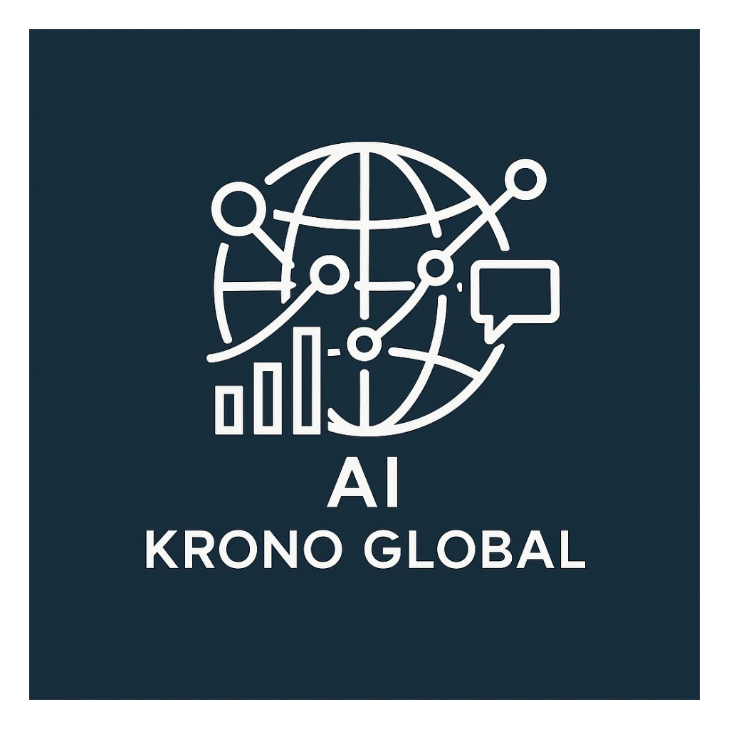 Icon representing AI and international business for Krono Global, featuring a globe, digital network lines, and marketing symbols in a sleek, professional style, modern and tech-inspired. sticker